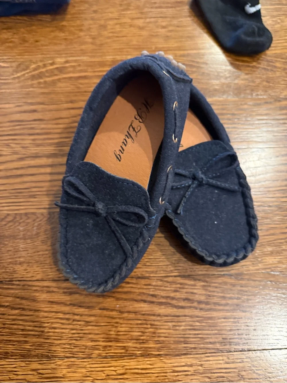 Navy Suede Moccasin Loafers with Bow